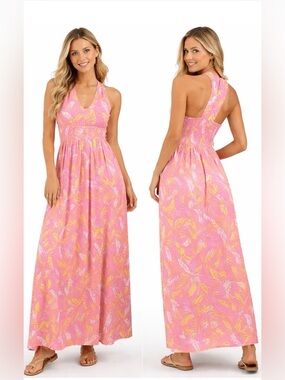 Jessica Simpson Sleeveless Pink Tropical Racerback Maxi Dress Size L